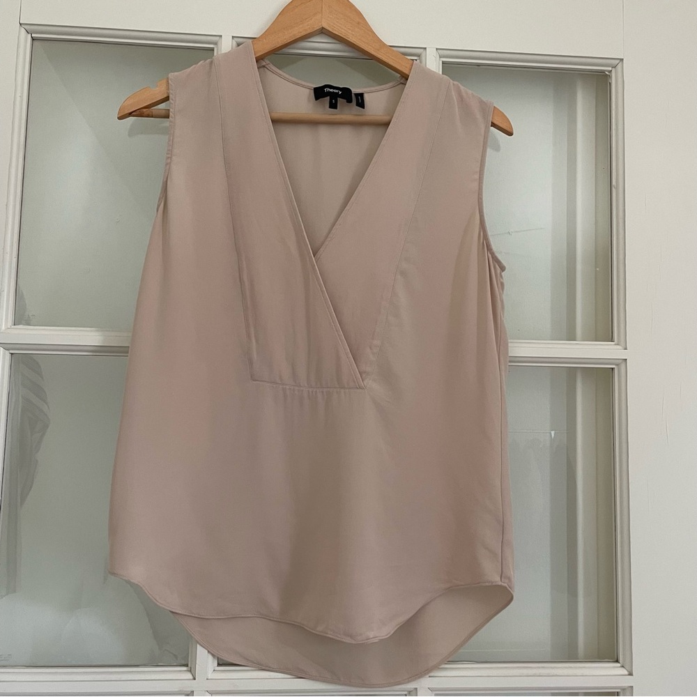 Theory 100% silk v-neck crossover shell sleeveless tank top blouse pink clay